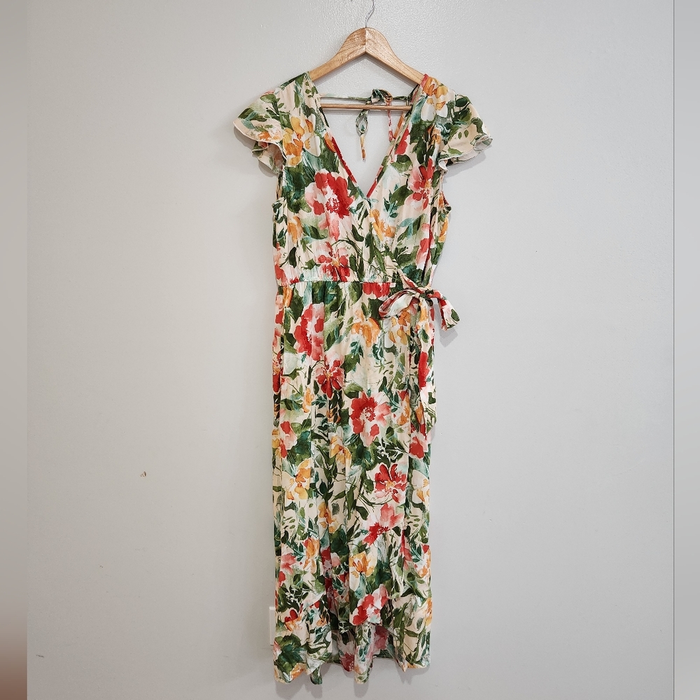 Band of the free midi cotton blend, faux wrap floral dress, Size L Boho Feminine